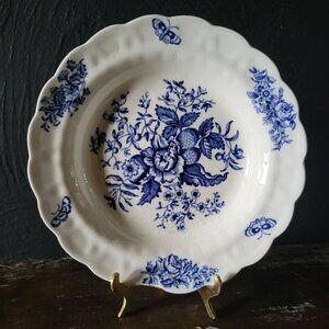 Vtg Booths England Peony Blue & White Rimmed Bowl 8.5”, Crazing, Staining, Chip